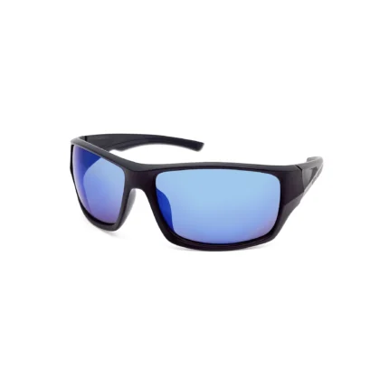 Mens Plastic Sports Wrap Black Frame Blue Mirror Lens Sunglasses